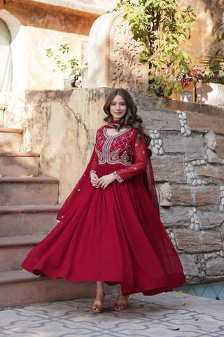 Heavy Faux Blooming With Sequins-Multi & Beads Embroidered Work Gown Set