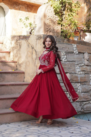Heavy Faux Blooming With Sequins-Multi & Beads Embroidered Work Gown Set
