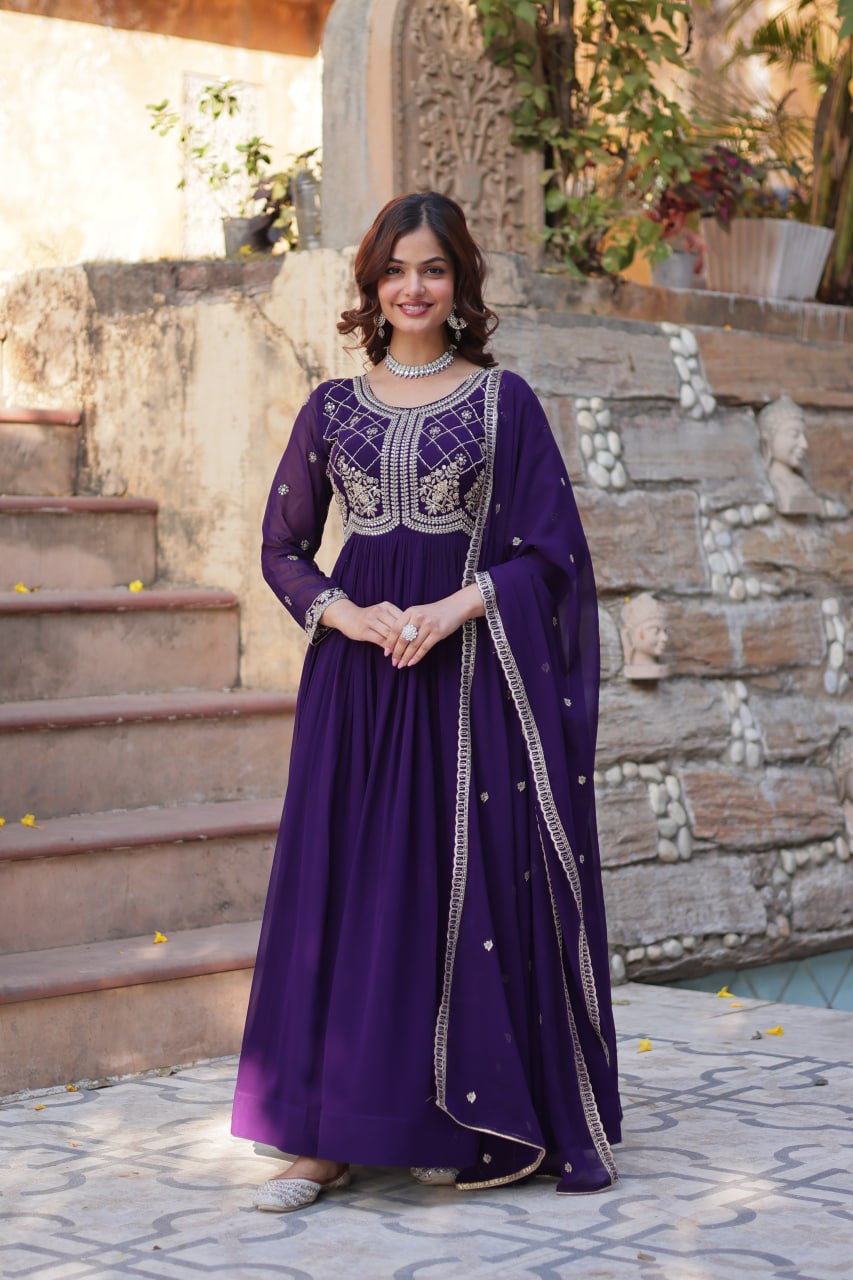 Heavy Faux Blooming With Sequins-Multi & Beads Embroidered Work Gown Set