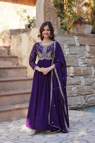 Heavy Faux Blooming With Sequins-Multi & Beads Embroidered Work Gown Set