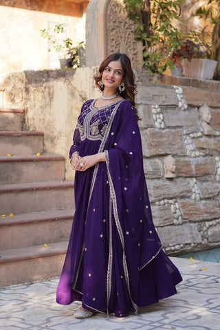 Heavy Faux Blooming With Sequins-Multi & Beads Embroidered Work Gown Set