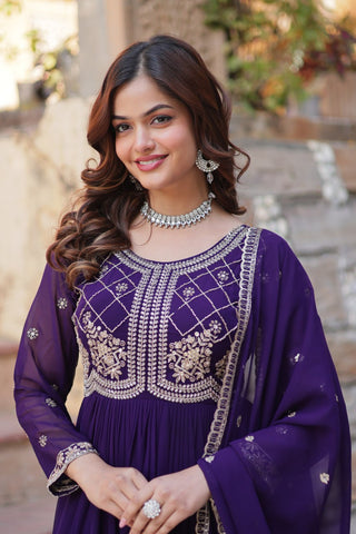 Heavy Faux Blooming With Sequins-Multi & Beads Embroidered Work Gown Set
