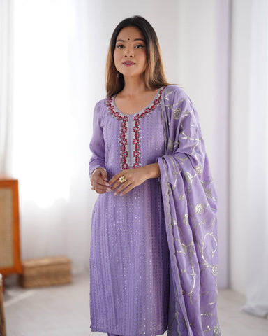 Stunning Chinon Silk with thread & Sequence work Fancy Suit Set