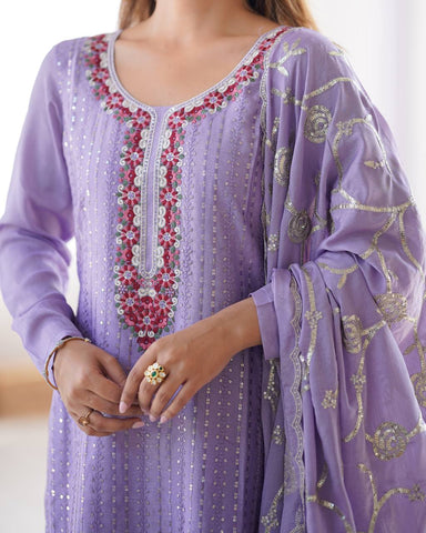 Stunning Chinon Silk with thread & Sequence work Fancy Suit Set