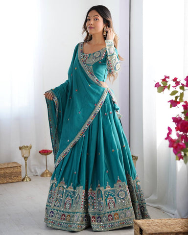 Premium Natural Crape Silk with Coding Dori with Thread & Sequence work Lehenga Choli Set