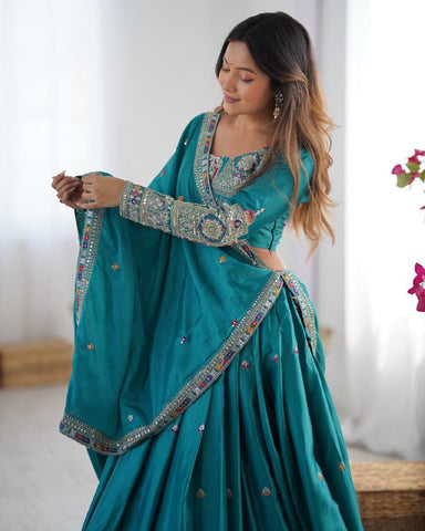 Premium Natural Crape Silk with Coding Dori with Thread & Sequence work Lehenga Choli Set