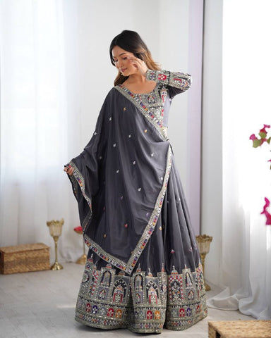 Premium Natural Crape Silk with Coding Dori with Thread & Sequence work Lehenga Choli Set