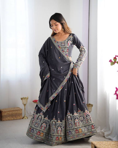 Premium Natural Crape Silk with Coding Dori with Thread & Sequence work Lehenga Choli Set