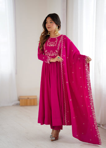 Dark Pink Pure Roman Chanderi Silk Anarkali Set with Dupatta For Women