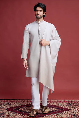 Designer Beige Kurta Set (With Dupatta) for Men with Real Mirror Work