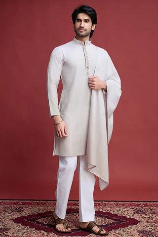 Designer Beige Kurta Set (With Dupatta) for Men with Real Mirror Work