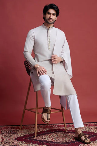 Designer Beige Kurta Set (With Dupatta) for Men with Real Mirror Work