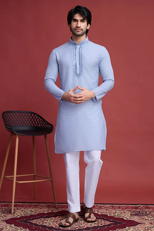 Sky Blue Viscose Kurta with Exquisite Mieeoe Work