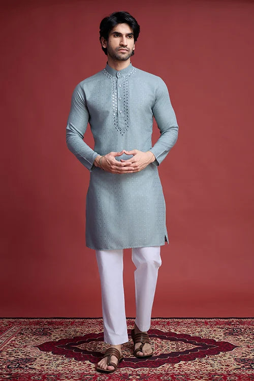 Elegant Viscose Kurta in Pista with Mirror Embroidery