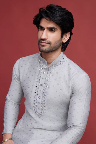 Beige Viscose Men’s Kurta - Mirror Work Design