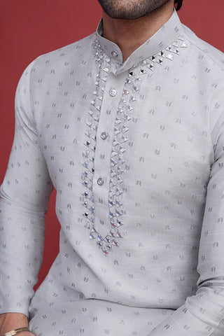 Beige Viscose Men’s Kurta - Mirror Work Design