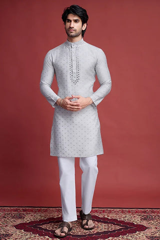 Beige Viscose Men’s Kurta - Mirror Work Design