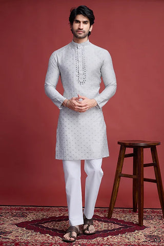 Beige Viscose Men’s Kurta - Mirror Work Design