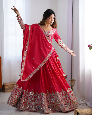 Premium Natural Crape Silk with Coding Dori with Thread & Sequence work Lehenga Choli Set