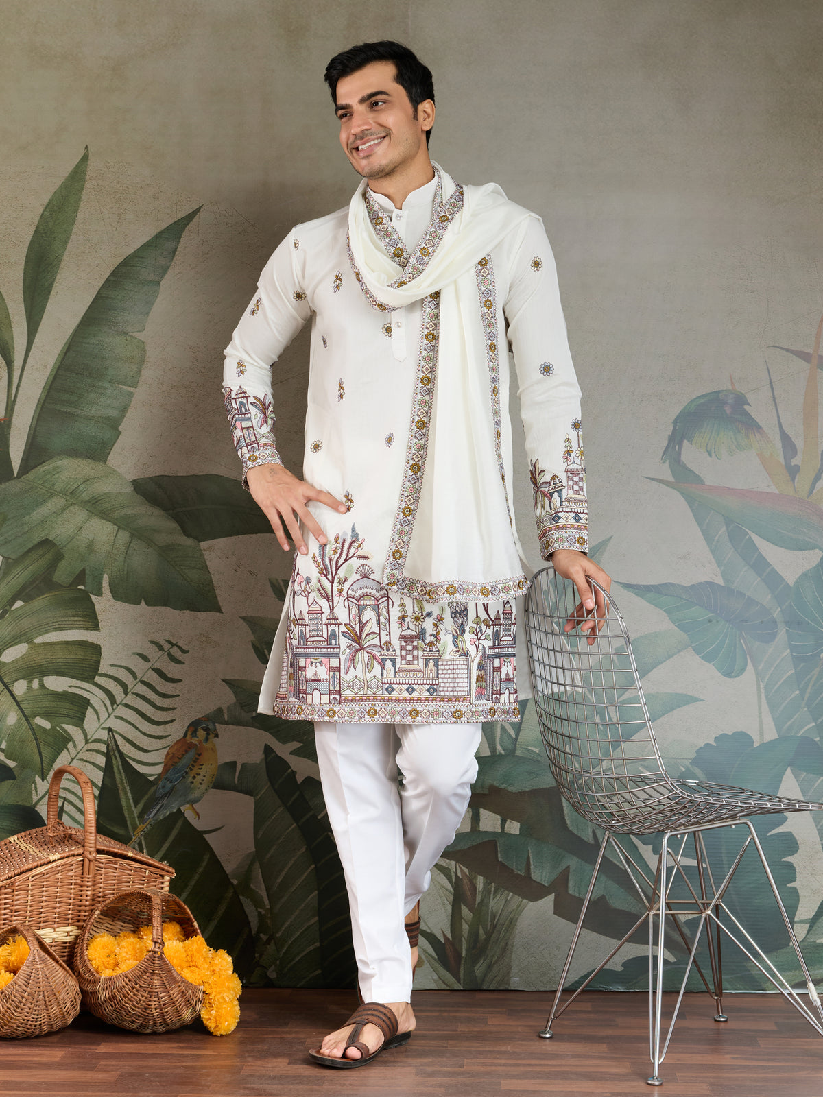 Wedding Special White Color Kurta and Dupatta for Men