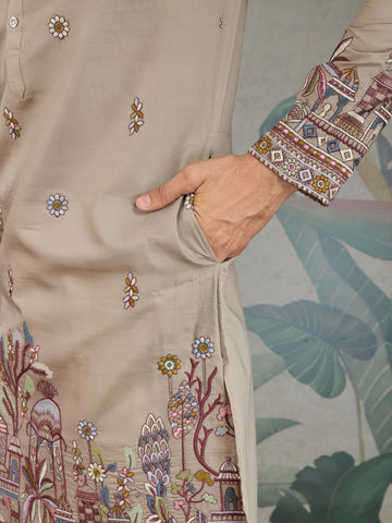 Premium Ivory Color Embroidered Kurta with Pajama Set for Men