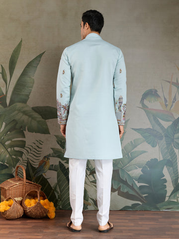Traditional Sky Color Embroidered Kurta Pajama Set for Men