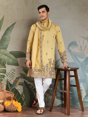 Haldi Special Yellow Embroidered Kurta Pajama Set for Men