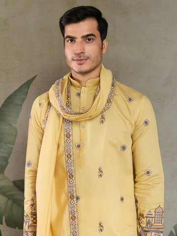 Haldi Special Yellow Embroidered Kurta Pajama Set for Men