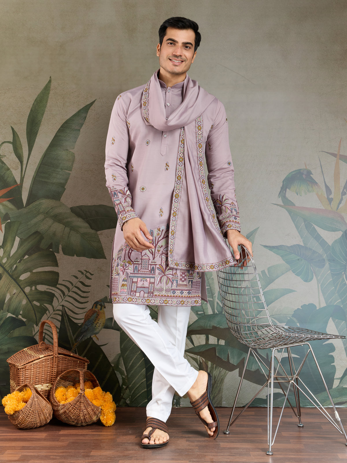 Traditional Dusty Pink Embroidered Kurta Dupatta with Pajama