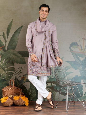 Traditional Dusty Pink Embroidered Kurta Dupatta with Pajama