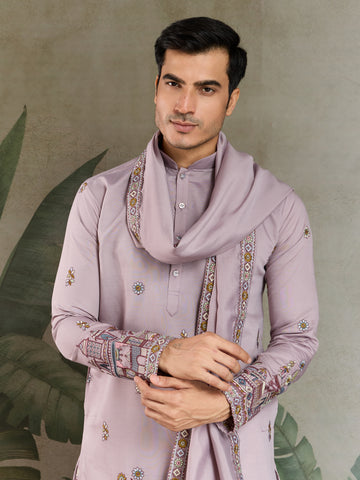 Traditional Dusty Pink Embroidered Kurta Dupatta with Pajama