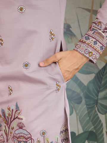 Traditional Dusty Pink Embroidered Kurta Dupatta with Pajama
