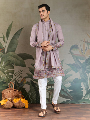 Traditional Dusty Pink Embroidered Kurta Dupatta with Pajama