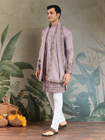 Traditional Dusty Pink Embroidered Kurta Dupatta with Pajama