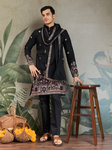 Classic Black Kurta Pajama for Men with Rich Embroidery