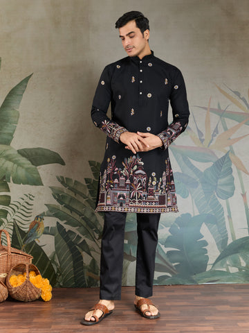Classic Black Kurta Pajama for Men with Rich Embroidery
