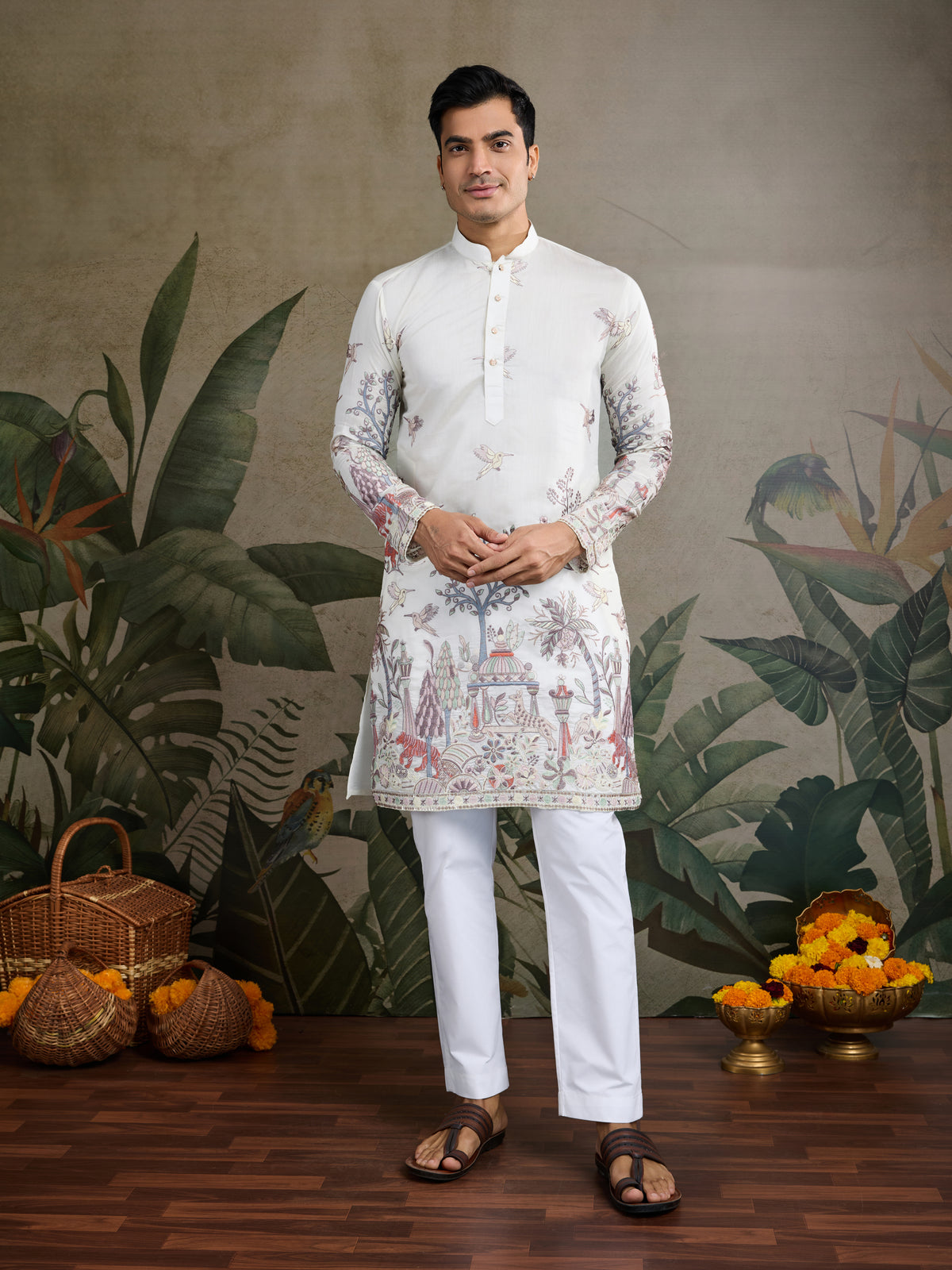 Designer White Silk printed kurta for men