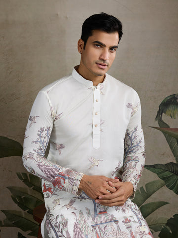 Designer White Silk printed kurta for men