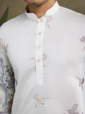 Designer White Silk printed kurta for men