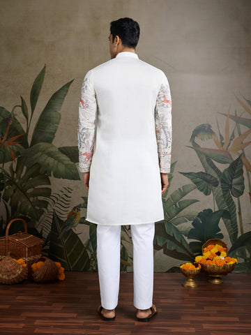 Designer White Silk printed kurta for men