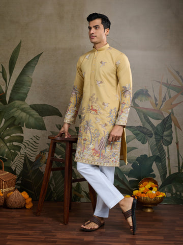 Yellow Viscose Silk Mens kurta for haldi ceremony
