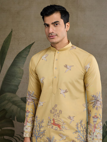Yellow Viscose Silk Mens kurta for haldi ceremony