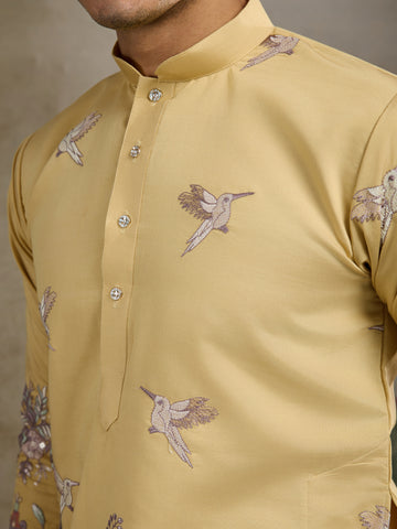 Yellow Viscose Silk Mens kurta for haldi ceremony