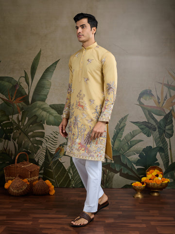 Yellow Viscose Silk Mens kurta for haldi ceremony