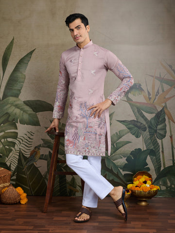 Designer Peach Viscose Silk fancy kurtas for men