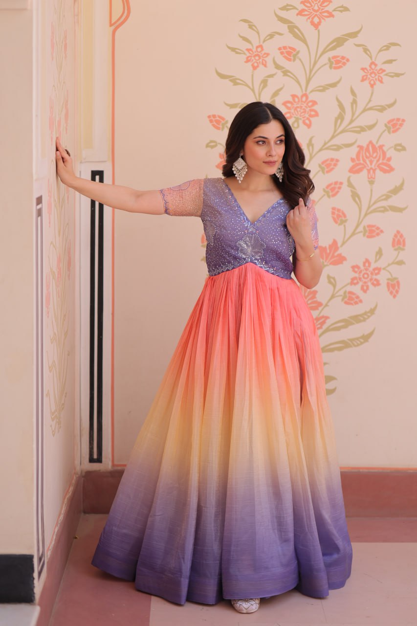 Gold Crush Padding With Beads Embroidered Work Gown