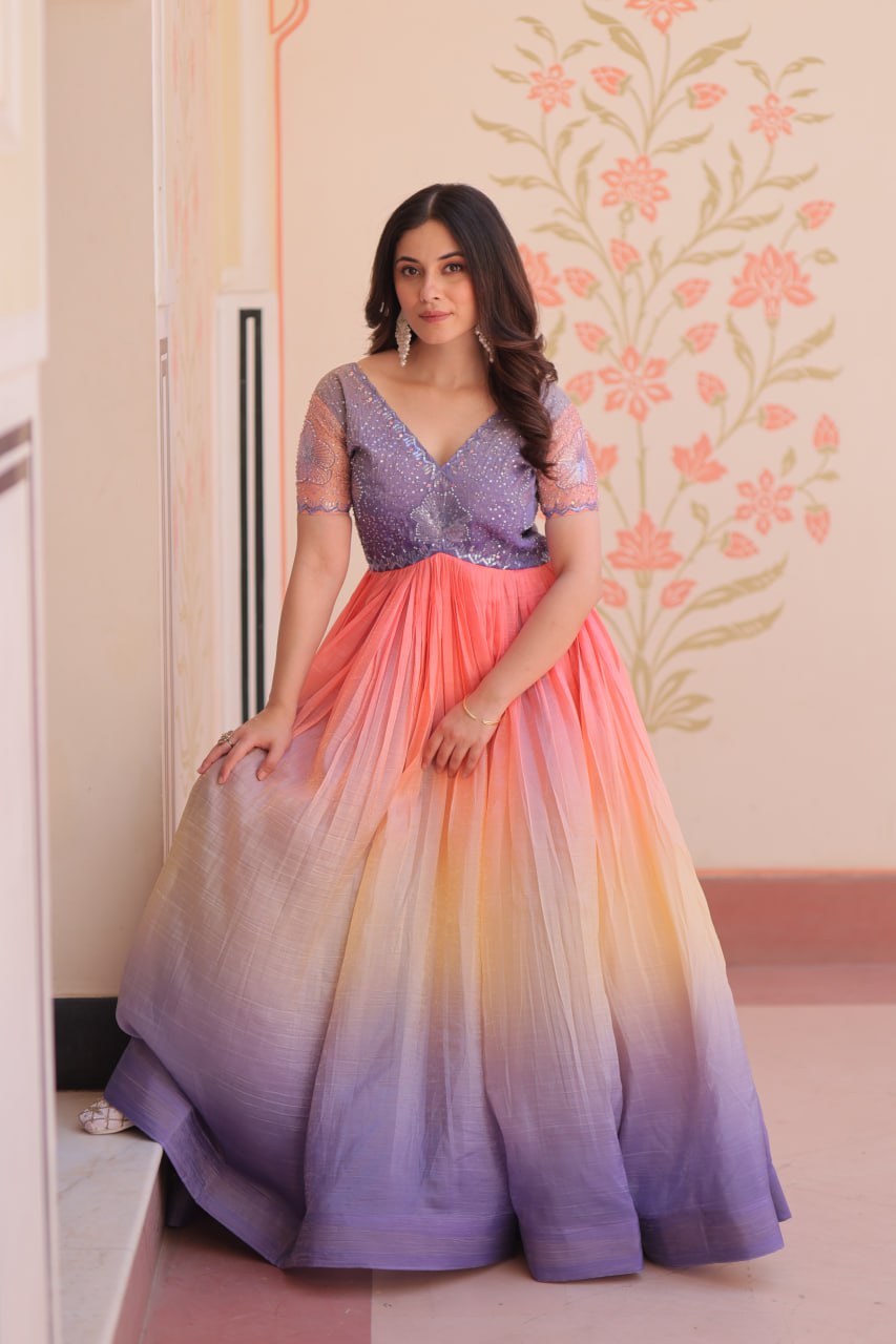 Gold Crush Padding With Beads Embroidered Work Gown