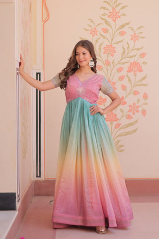 Gold Crush Padding With Beads Embroidered Work Gown