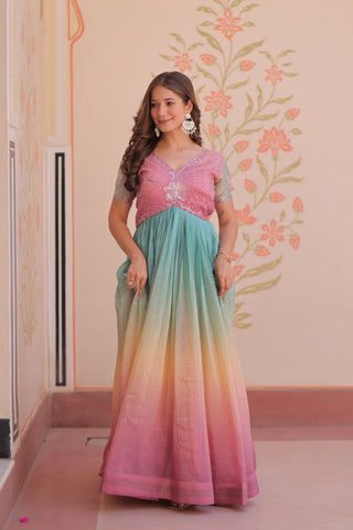 Gold Crush Padding With Beads Embroidered Work Gown
