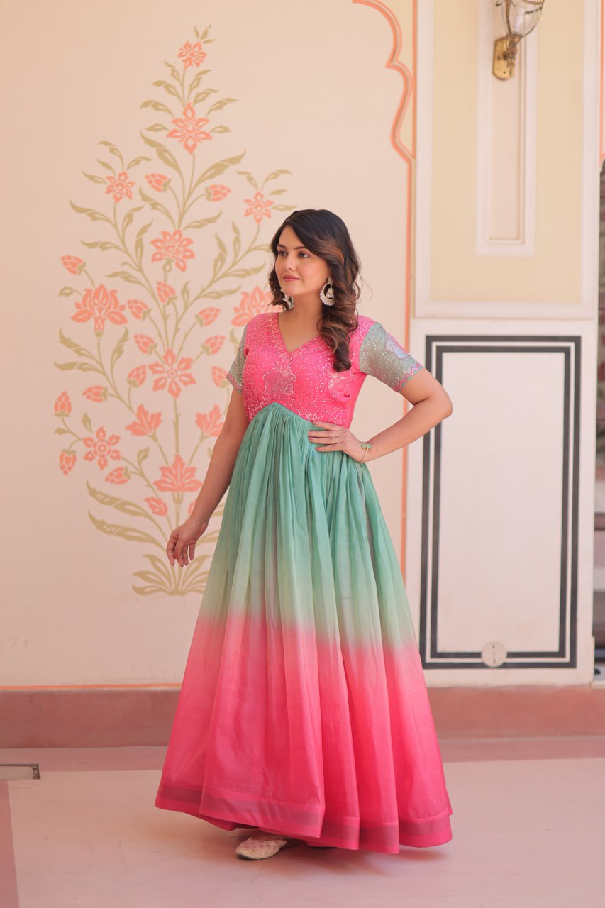 Gold Crush Padding With Beads Embroidered Work Gown